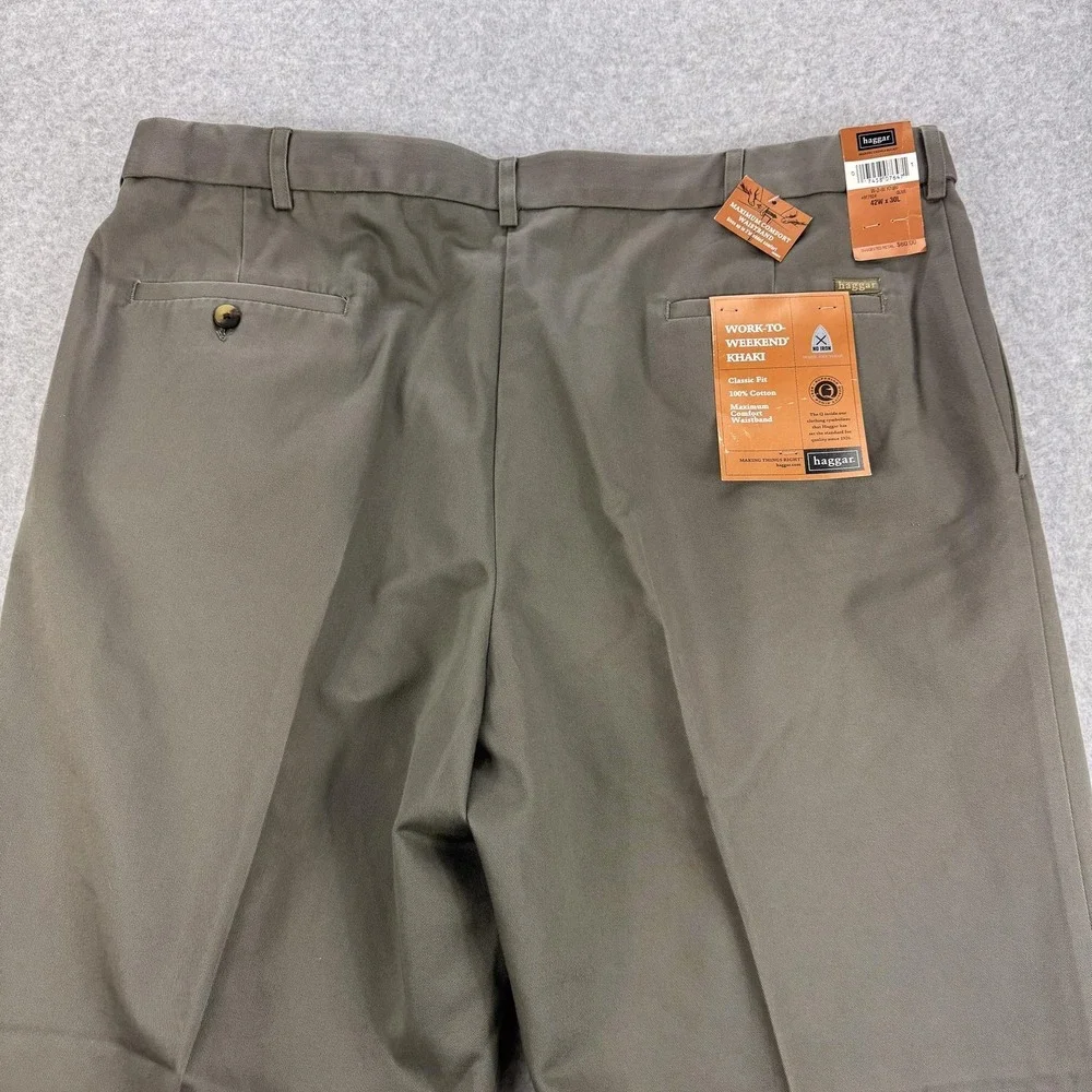 Haggar Work To Weekend Khaki Pants Mens‎ 42x29 Olive Classic Fit No Iron NEW $60